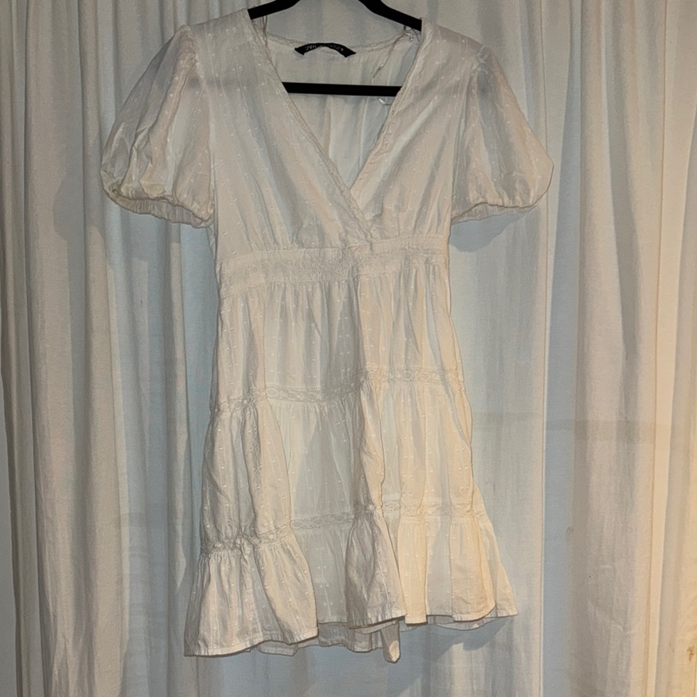 Zara White Ruffled Puff Sleeve Mini Dress